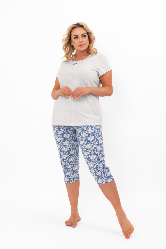 Piżama damska Boma – kwiatowe spodnie 3/4 i elegancka góra Italian Fashion - melanż/druk