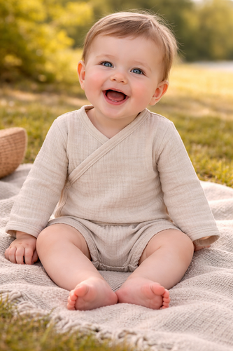 Body muślinowe Just Muslin Makoma beige– kopertowe, długi rękaw, naturalna bawełna