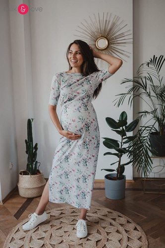 Two Ways LONG Sukienka do karmienia ciążowa krótki rękaw Milk&Love miętowa w magnolie i ptaki