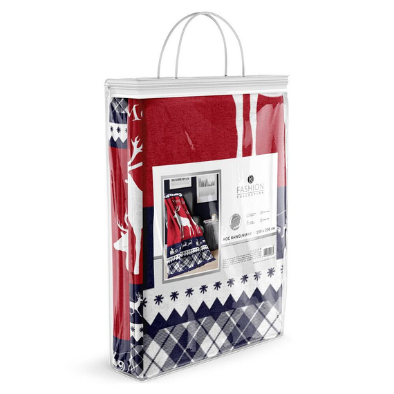 Koc świąteczny z frędzlami 081 JB renifery Detexpol granatowy/czerwony