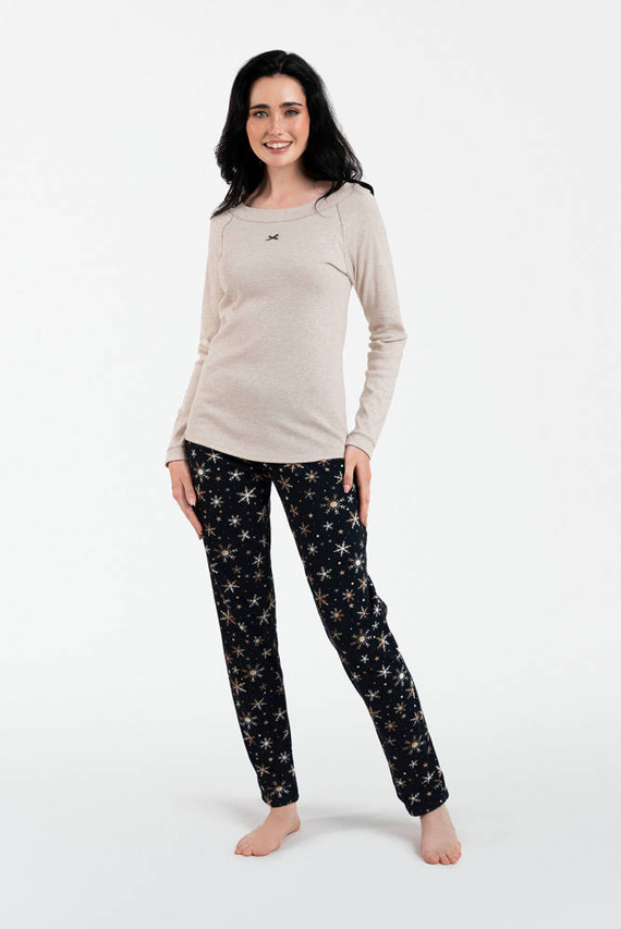 Piżama Damska długi rękaw, długie spodnie Denali Italian Fashion - beżowy melanż/druk