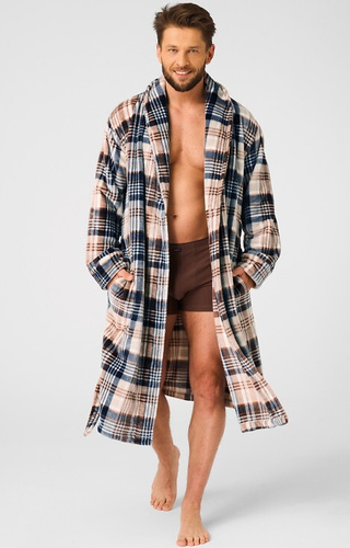 Key MGL 443 szlafrok męski beżowy  – kratka, miękka dzianina soft, kołnierz