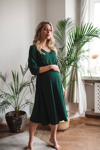 Sukienka ciążowa i do karmienia Lovely Dress Midi rękaw 3/4 Milk&Love butelkowa zieleń