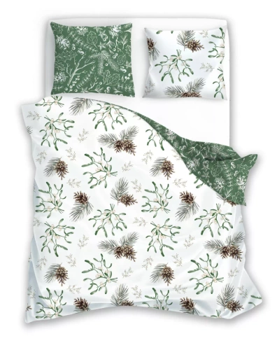 Scandic 083 Scandic Faro biała i zielona z szyszkami– pościel świąteczna dwustronna, bawełna 100%, komplet 