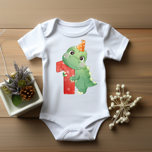 Body krótki rękaw "ROCZEK dla chłopca, dinozaur jedynka" Moocha biały