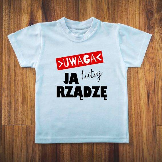 Koszulka dziecięca "Uwaga ja tutaj rządzę" Moocha biały