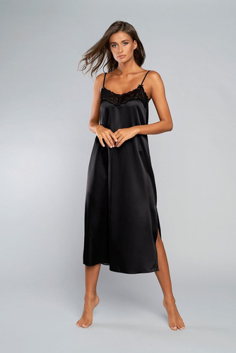 Koszula nocna wąskie ramiączko, długa Dotyk Italia Fashion - czarna