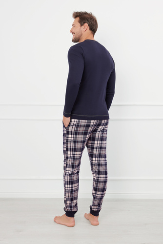 Piżama Męska długi rękaw, długie spodnie Brit talian Fashion - granatowy/druk 