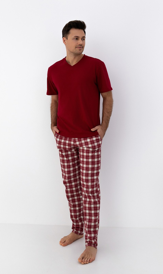 Matthew Sensis – klasyczna bawełniana piżama męska w kratkę, z koszulką V-neck