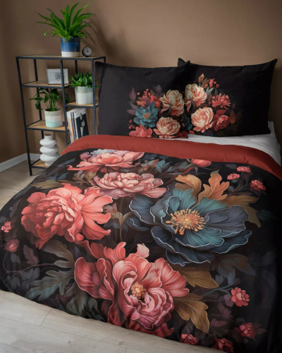 Detexpol Holland 5116 A pościel bawełniana czarna z motywem piwonii– dwustronna, naturalna, 100% bawełna