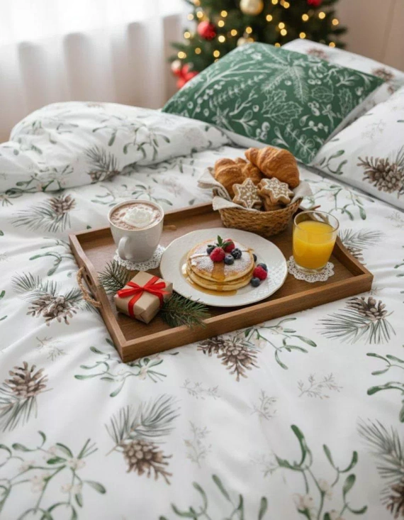 Scandic 083 Scandic Faro biała i zielona z szyszkami– pościel świąteczna dwustronna, bawełna 100%, komplet