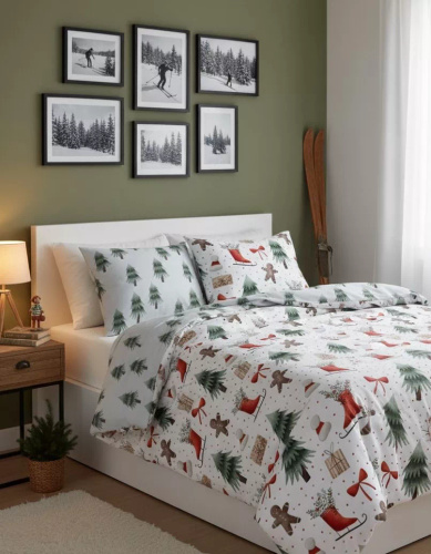 Scandic 078 Scandic Faro biała z choinkami, pierniczkami  – pościel świąteczna dwustronna, bawełna 100%, komplet