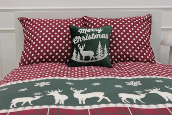 Świąteczna pościel Xmass 100% bawełna – renifery kratka groszki czerwona zielona, komplet z zamkiem Spod Igły i Nitki
