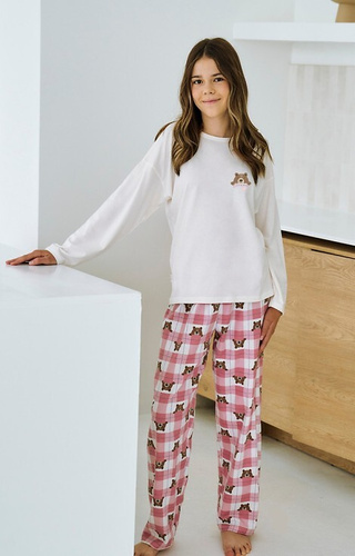 Taro Astrid 3503 beżowa – piżama dziewczęca bawełniana, flanelowe spodnie