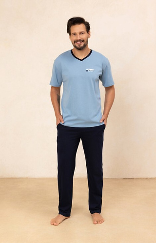 Regina 498 męska piżama bawełniana – koszulka z nadrukiem i długie spodnie- niebieski