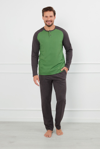 Piżama Męska długi rękaw, długie spodnie Aleksander talian Fashion - zielony/c.melanż 