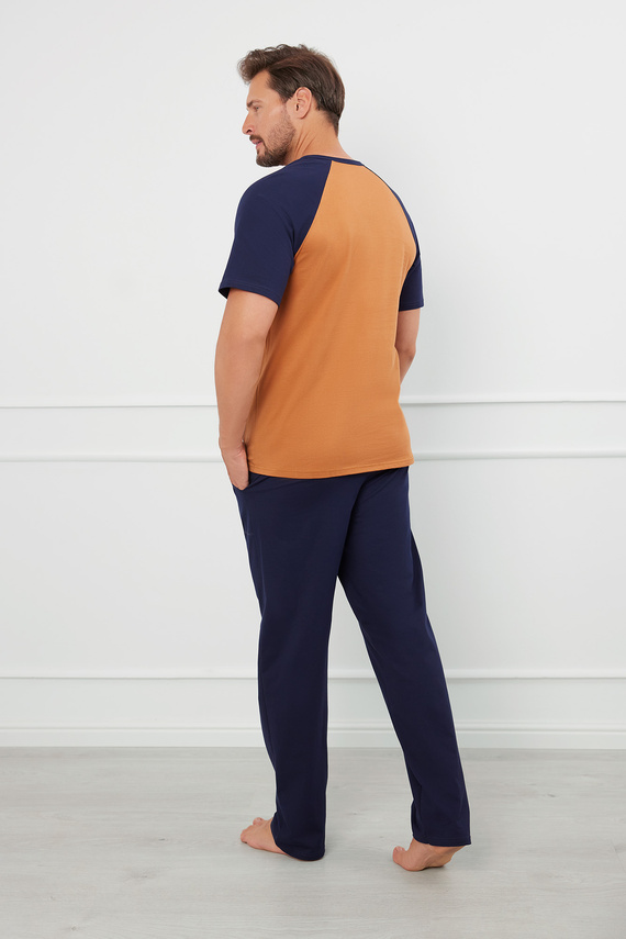 Piżama Męska krótki rękaw, długie spodnie Aleksander talian Fashion - koniak/granat