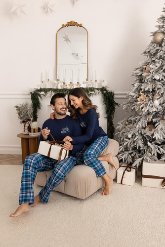 Regina 743 granatowa – damska piżama bawełniana z nadrukiem i spodniami w kratę