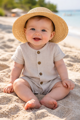 Rampers muślinowy Just Muslin Makoma beige– krótki rękaw, 100% bawełna