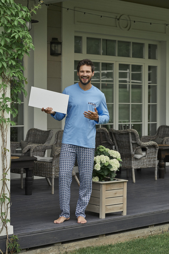 Piżama Męska długi rękaw, długie spodnie Jaromir Italian Fashion - niebieski/druk