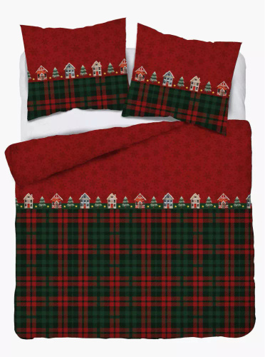 5619 A Magia Świąt Detexpol Pościel świąteczna flanelowa czerwona w domki i kratę– bawełna 100%, certyfikat OEKO-TEX®