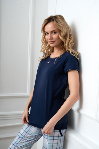 Piżama Damska krótki rękaw, długie spodnie Glamour Italian Fashion - granatowy/druk