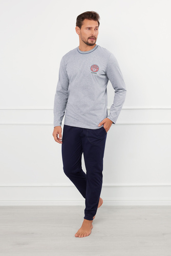 Piżama Męska długi rękaw, długie spodnie Greg talian Fashion - melanż/granatowy