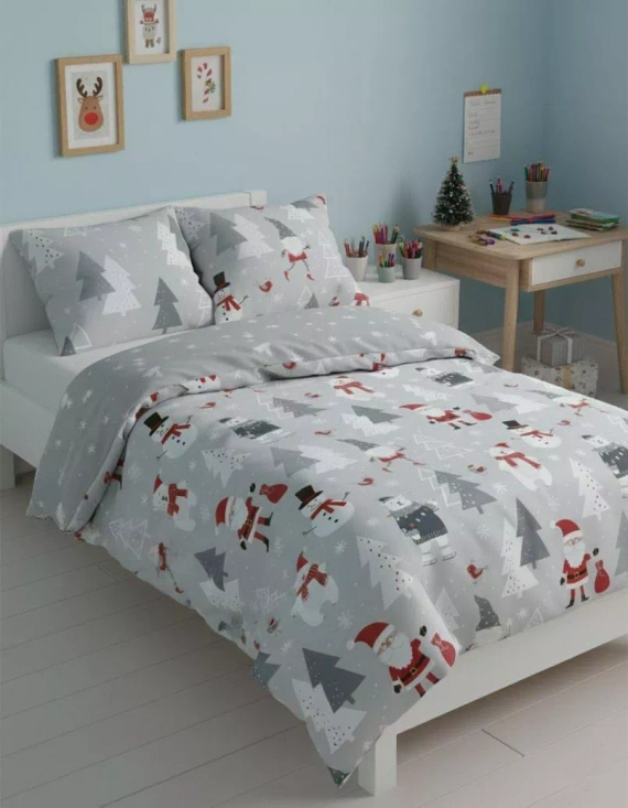 Scandic 079 Scandic Faro szara z Mikołajami – pościel świąteczna dwustronna, bawełna 100%, komplet