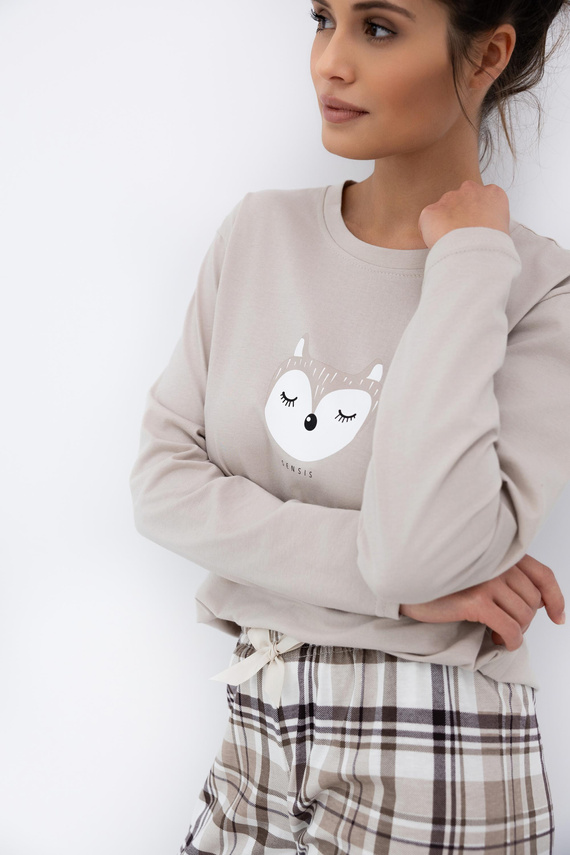 Sensis Tinsley – damska piżama bawełniana z nadrukiem i spodniami w kratkę