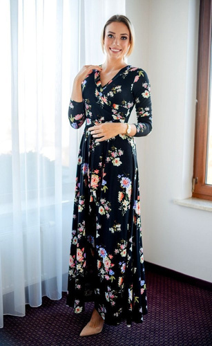 109 Wizytowa Sukienka z długim rękawem MIRACLE- granat w kwiaty 