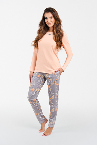 Piżama Damska długi rękaw, spodnie Kasali Italian Fashion - łosoś/druk 