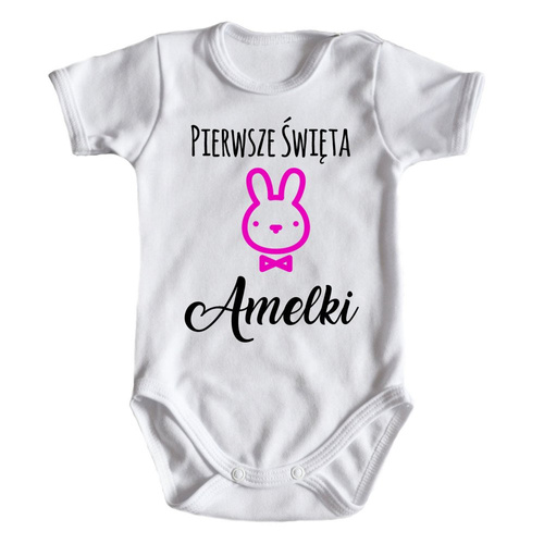 "Pierwsze Święta Wielkanocne róż" body krótki rękaw Moocha białe