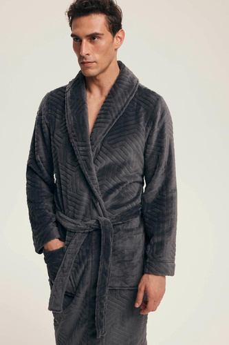 Henderson Nandu 43379 – szlafrok męski z wytłaczanym wzorem, przed kolano, pasek w pasie