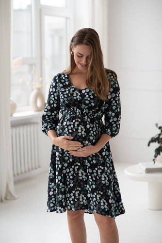 Sukienka ciążowa i do karmienia Lovely Dress Midi rękaw 3/4 Milk&Love w listki eukaliptusa