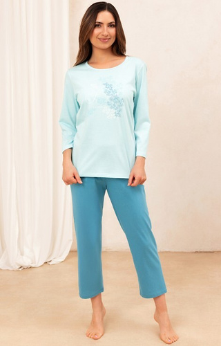Damska piżama 706 bawełniana turkus – koszulka 3/4, spodnie 7/8, nadruk z przodu