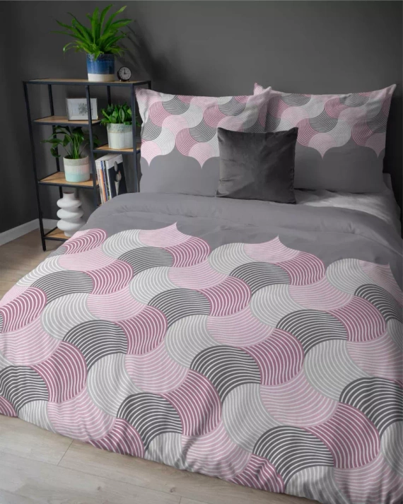 5631 B Detexpol Pastel Flowers szaro-różowe fale geometryczne– pościel flanelowa bawełniana, miękka i przytulna