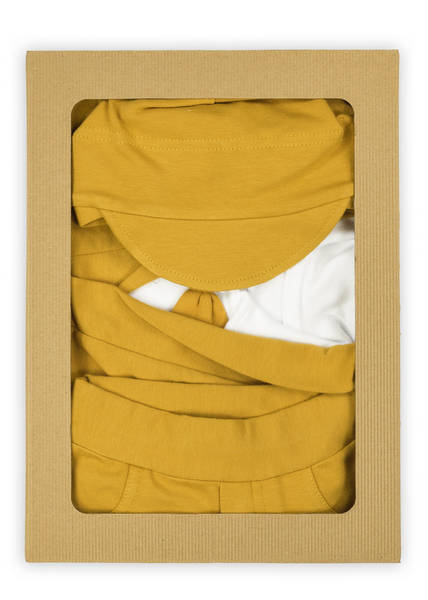 Komplet czapka, bluza, body i spodnie 169405 "Mix" Nicol - musztardowy