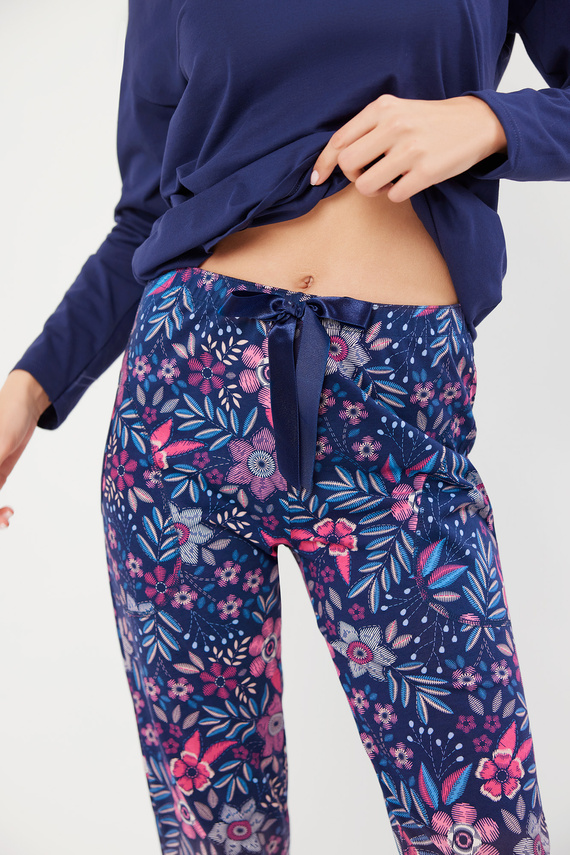 Piżama Damska długi rękaw, długie spodnie Folk Italian Fashion - granatowy/druk