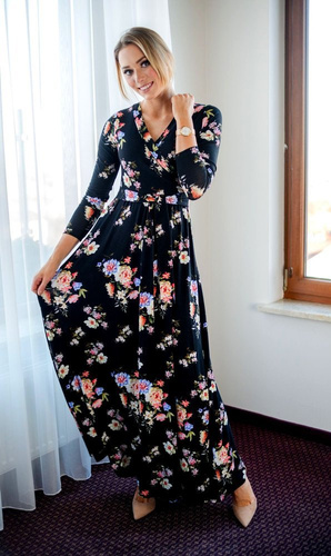 109 Wizytowa Sukienka z długim rękawem MIRACLE- granat w kwiaty 