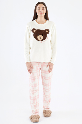 Madlen Sorbetto ecru – ciepła piżama polarowa z haftem i spodniami w kratkę
