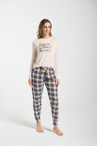 Bessy Sorbetto beżowa – damska piżama z jerseyu, ze złotym nadrukiem i spodniami w kratkę