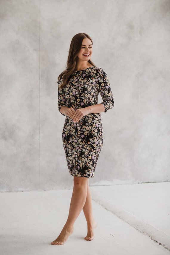 Sukienka do karmienia Milky Classic Milk&Love rękaw 3/4 czarna w kwiatuszki