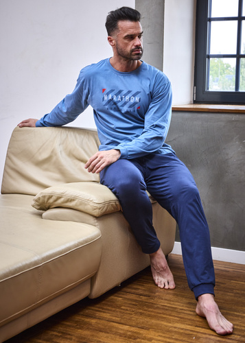 Cornette 322/301 Marathon –niebieska męska piżama z bawełny, długi rękaw, wygoda na co dzień