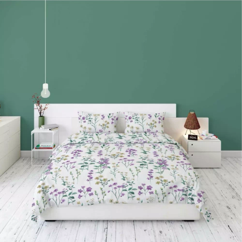 5634 B Detexpol Pastel Flowers biała w polne kwiaty fioletowo-żółte pościel flanelowa bawełniana, miękka i przytulna