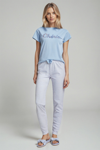 Piżama damska Juliana Sorbetto niebieska – bawełniana, z haftem i spodniami w paski