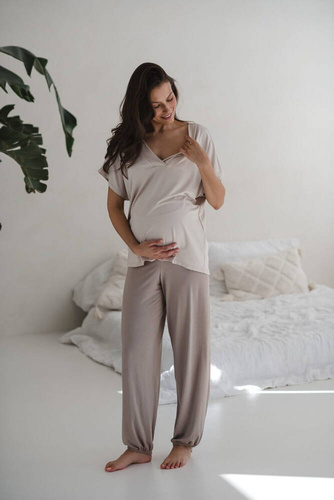 Bambusowa bluzka od piżamy ciążowej do karmienia krótki rękaw Moon Milk&Love jasny beżowy