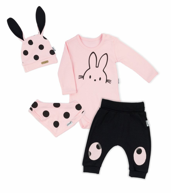 Komplet czapka, apaszka, body i spodnie 163381 "Bunny Groszki" Nicol - róż