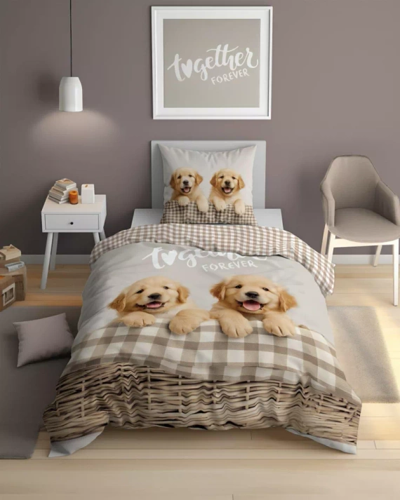 Pościel świecąca w ciemności 140x200 Pieski Together Forever 5553 A Fluo 95 + poszewka 70x90 | 100% bawełna | Dla dzieci