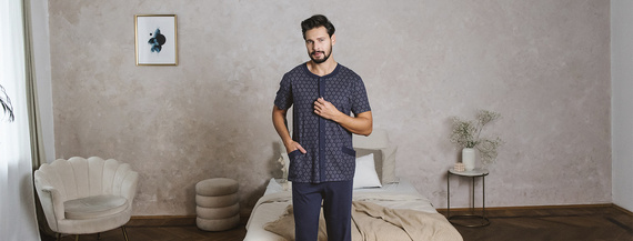 Piżama Męska krótki rękaw, długie spodnie Ricardo Italian Fashion - granatowy