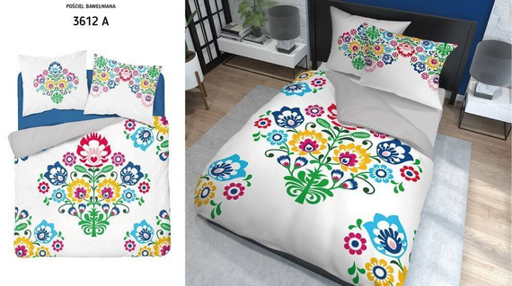 Pościel bawełniana Łowicka wycinanka 3612 A kwiaty kurpiowska Detexpol biały/szary
